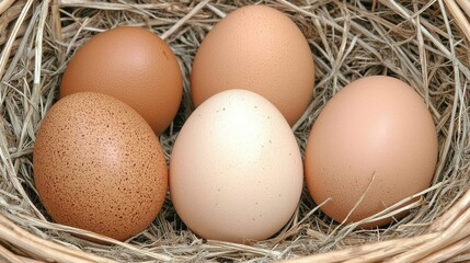 Fresh Organic Eggs in a Natural Basket with Hay Background