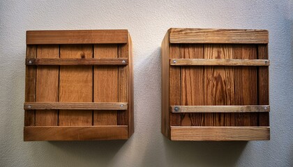 two wooden boxes are on a wall