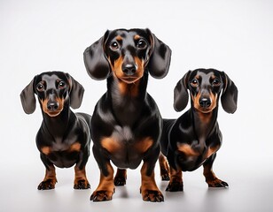 realistic black and tan dachshund trio standing playful dogs white background