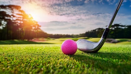pink golf ball on a lush green course and a club ready to strike