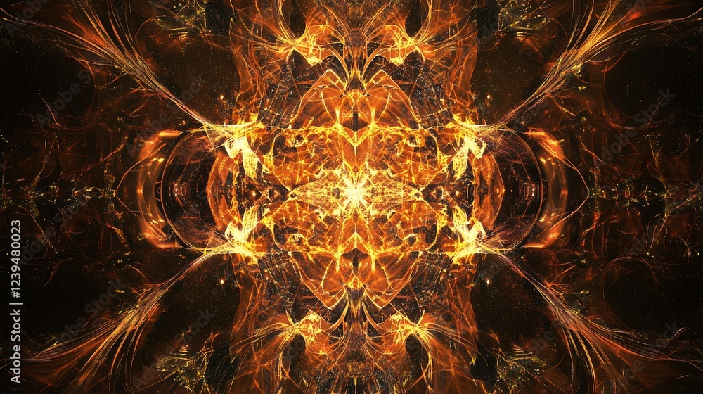 Poster fiery abstract fractal design with symmetrical and intricate patterns glowing orange