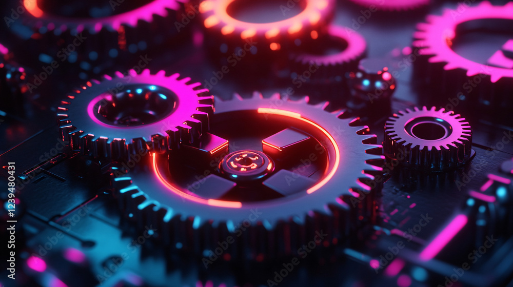 Poster futuristic neon gears and cogs interlocking on a dark metallic surface.