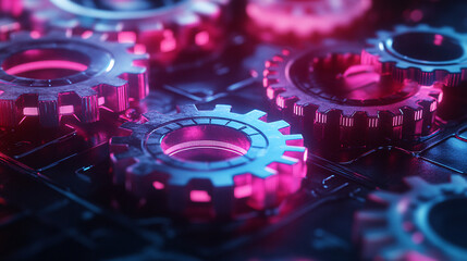 Obraz premium Futuristic neon gears and cogs interlocking on a dark metallic surface. 