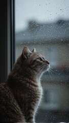 Curious cat gazing at raindrops on windowpane
