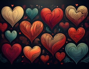 multiple hand drawn hearts on a black background