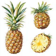 Detailed botanical illustration of a pineapple showcasing whole and sliced fruits
