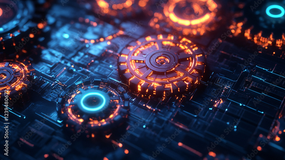 Poster futuristic neon gears and cogs interlocking on a dark metallic surface.