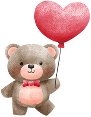 Adorable watercolor illustration of a baby teddy bear holding a red heart-shaped balloon while joyfully walking. Perfect for Valentine's Day, greeting cards, and romantic designs