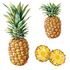 Detailed botanical illustration of a pineapple showcasing whole and sliced fruits