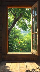 Open wood window frames view of trees and sky in the sun for nature scene