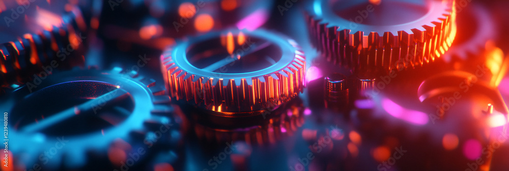 Poster futuristic neon gears and cogs interlocking on a dark metallic surface.