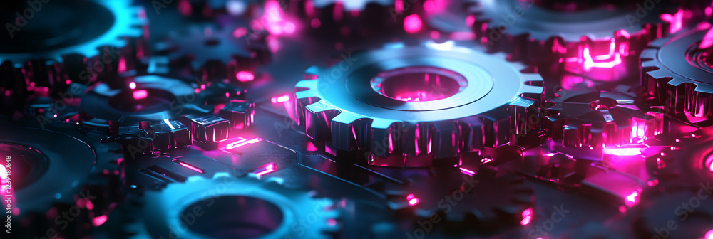 Poster futuristic neon gears and cogs interlocking on a dark metallic surface.