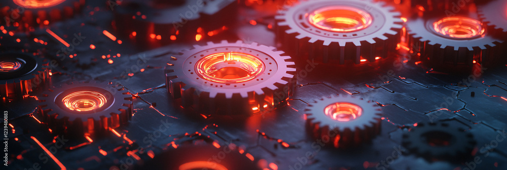 Poster futuristic neon gears and cogs interlocking on a dark metallic surface.