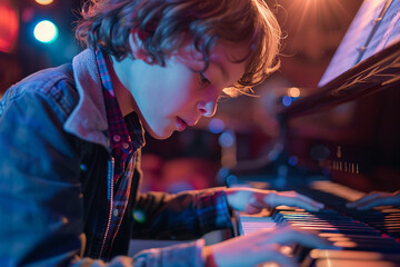 Obraz premium Young performer on stage under stage lights generative ai image