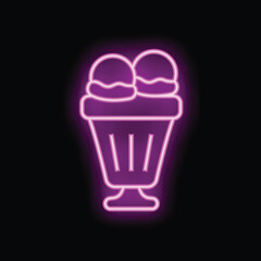 Neon sign representing a delicious ice cream sundae with two scoops, shining in purple light on a black background