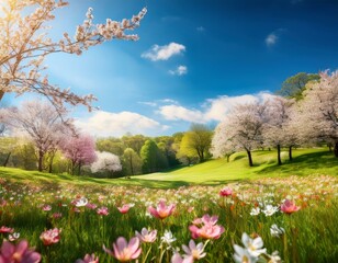 Fototapeta premium spring nature scene featuring blossoming flowers lush trees and blue sky with space for text vibrant springtime meadow perfect for seasonal designs or easter themed posters spring background