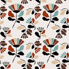 Seamless floral pattern with abstract organic shapes in brown, red, yellow, blue and black.Perfect for
fabric design, packaging and branding projects,
art prints, wallpaper and wrapping paper.