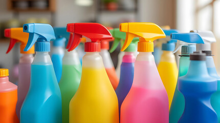 A vibrant array of colorful spray bottles, filled with various liquids, stands in a row against a blurred, light background, suggesting cleaning or beauty products