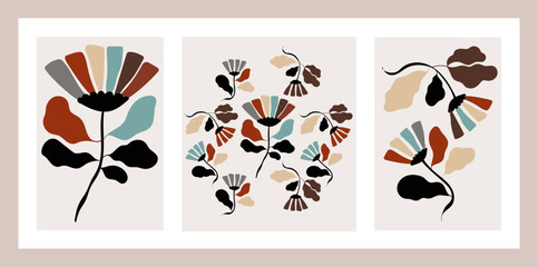Hand drawn flowers in red, blue, grey, yellow, brown and black on a cream background. Organic floral shapes. Elegant posters or greeting cards.
Botanical background.