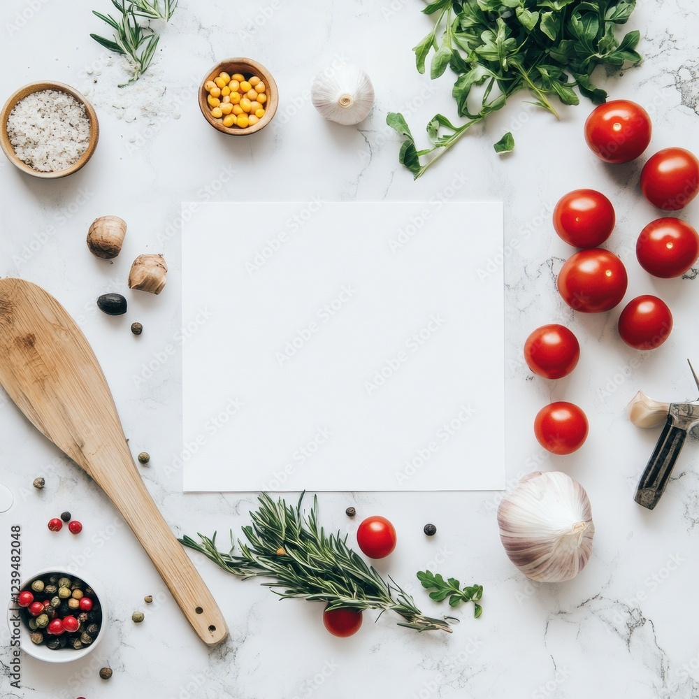 Poster fresh ingredients arranged on a marble countertop for meal preparation with a wooden spoon and blank
