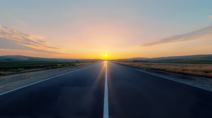 Fototapeta premium View of a long straight deserted asphalt road with the evening sun sky background wallpaper AI generated image