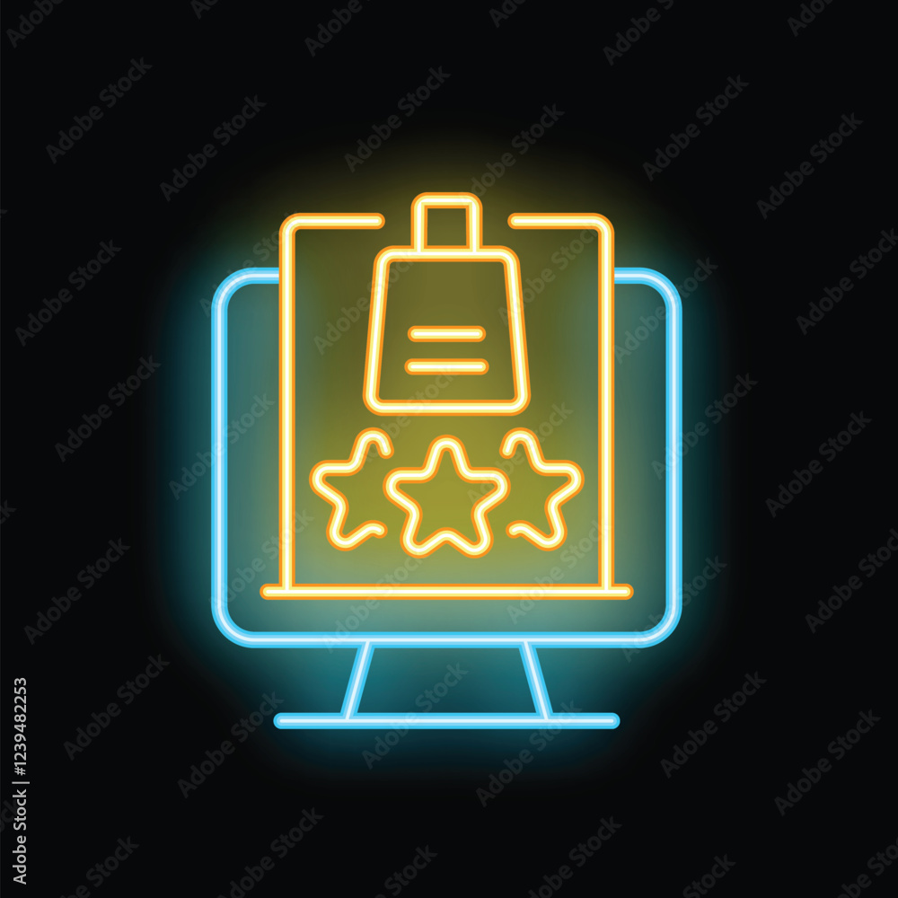 Poster neon glowing icon of a desktop computer displaying a customer review with three stars rating