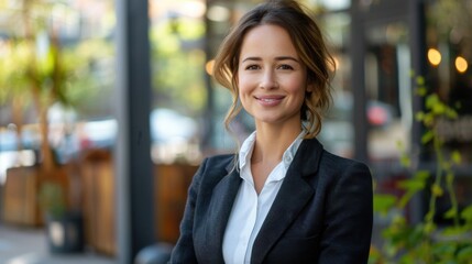Fototapeta premium Stylish businesswoman in a formal suit, smiling confidently while looking to the side, standing in a modern outdoor workplace