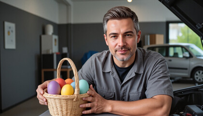 Middle-aged male mechanic in gray uniform holding basket of colorful Easter eggs in garage