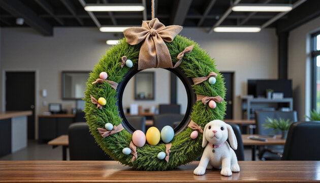 Rustic Easter wreath made from a tire with pastel eggs and bunny in an automotive shop