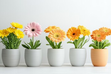 Fototapeta premium Row of potted flowers in different colors, including yellow, pink, and orange