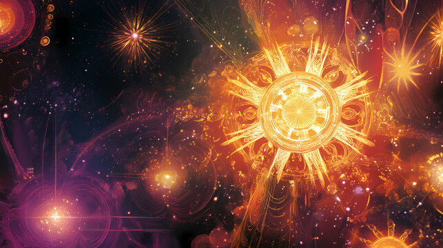 Radiant tarot card design featuring symbolic elements like stars and celestial motifs. Symbolic Motifs. Illustration