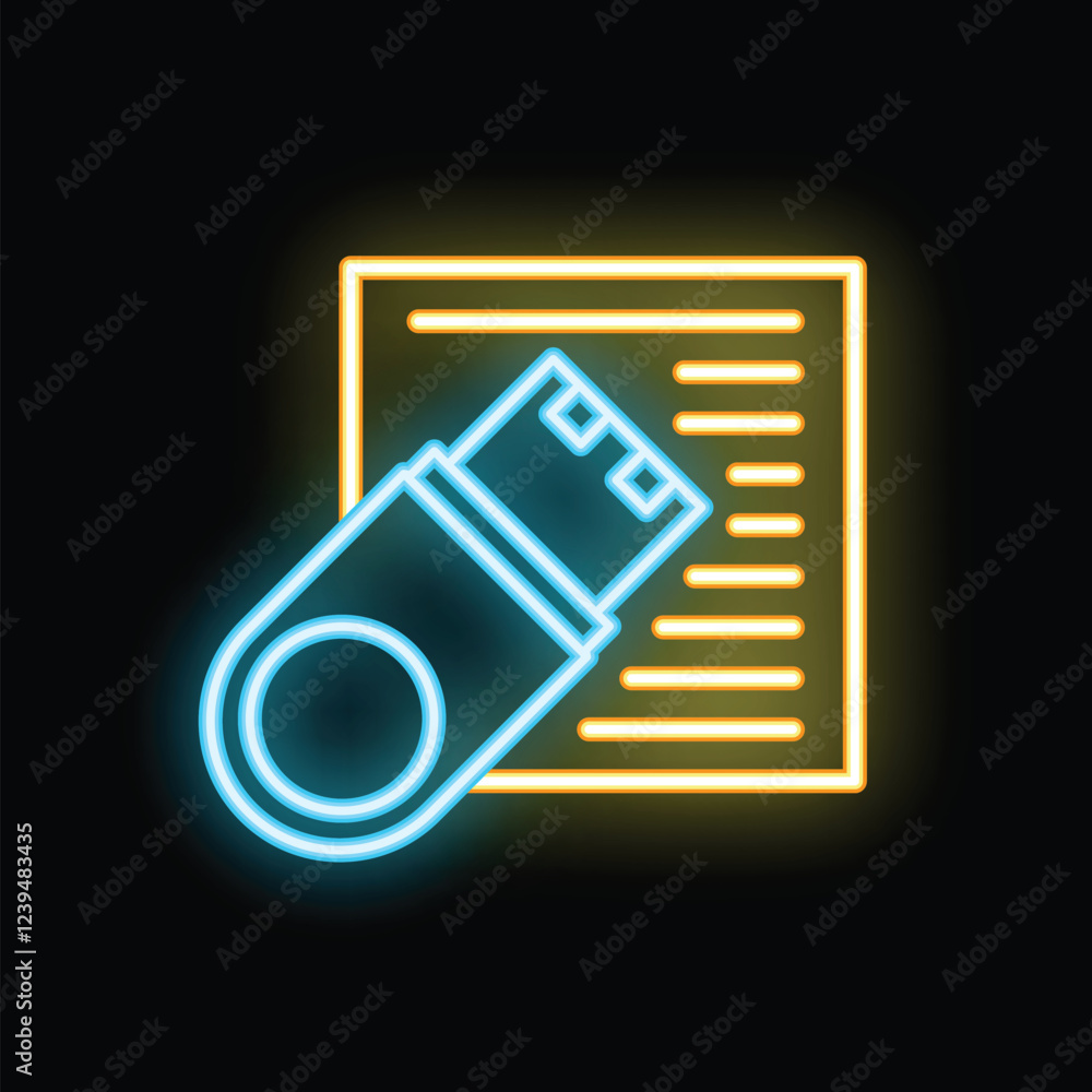 Poster neon icon of a usb flash drive transferring data to a document, representing digital storage and fil