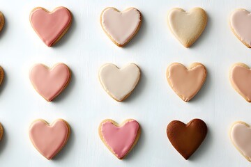 Obraz premium Heart-Shaped Cookies with Various Icing Colors on White Surface