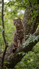 Adorable cat sitting on tree branch