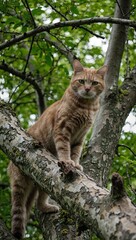 Adorable cat sitting on tree branch