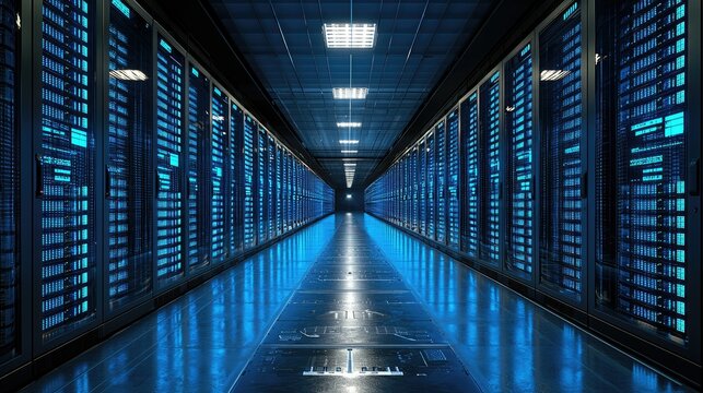 Illuminated Server Room Data Center Corridor