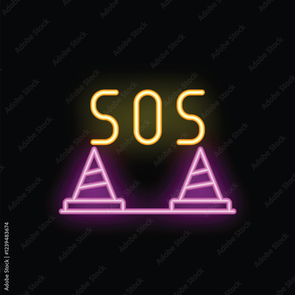 Poster neon sign displaying a pair of emergency traffic cones with the letters sos illuminated above them