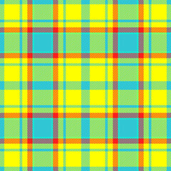 Vibrant seamless plaid pattern in bright yellow, turquoise, lime green, and red. Ideal for textile design, fashion, web backgrounds, and various print projects.