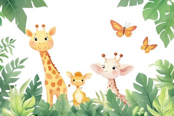 Naklejka premium Cute animals gather in a lush green jungle during a sunny day