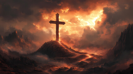 Symbolic holy cross surrounded by ethereal light and clouds over golgotha hill, conveying the themes of resurrection and hope, with a serene and divine atmosphere. Symbolic Motifs. Illustration
