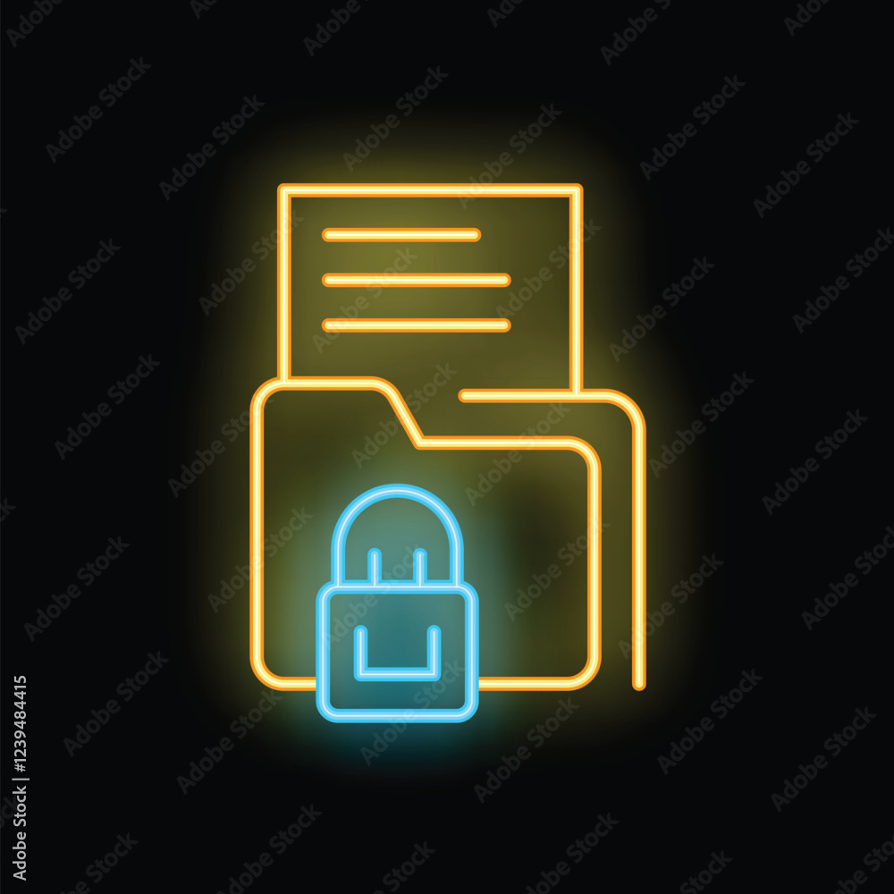 Poster neon icon depicting a locked folder is glowing, representing the concept of data protection and file