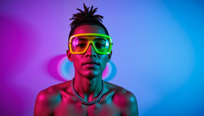 Confident young man with short dreadlocks wearing neon-green visor glasses, against a gradient background