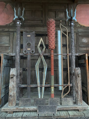 Edo Period Japanese Weapons Displayed on Wooden Stand
