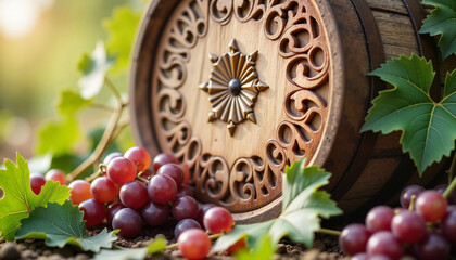 Fototapeta premium Intricate wine barrel surrounded by fresh grapes and leaves, rustic charm
