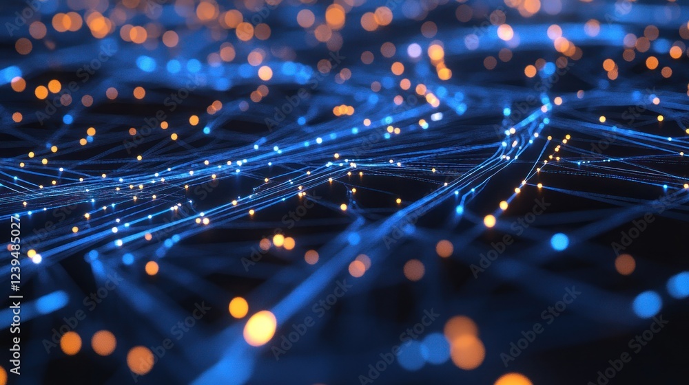 Poster abstract blue lines and orange glowing dots create network connection background