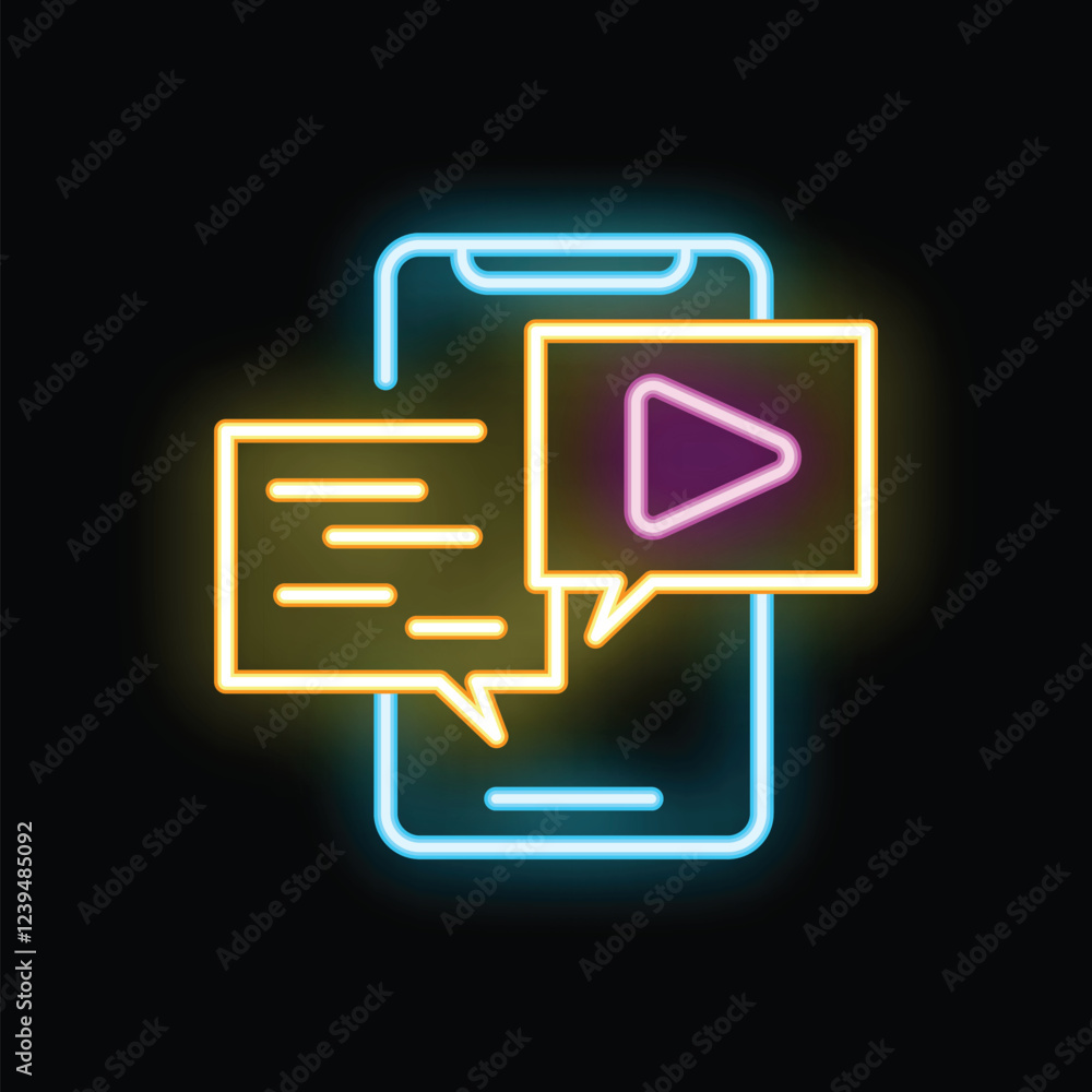 Poster neon icon of smartphone displaying video call and text messaging bubbles, representing modern commun