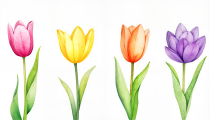 Watercolor tulips in various colors on white background