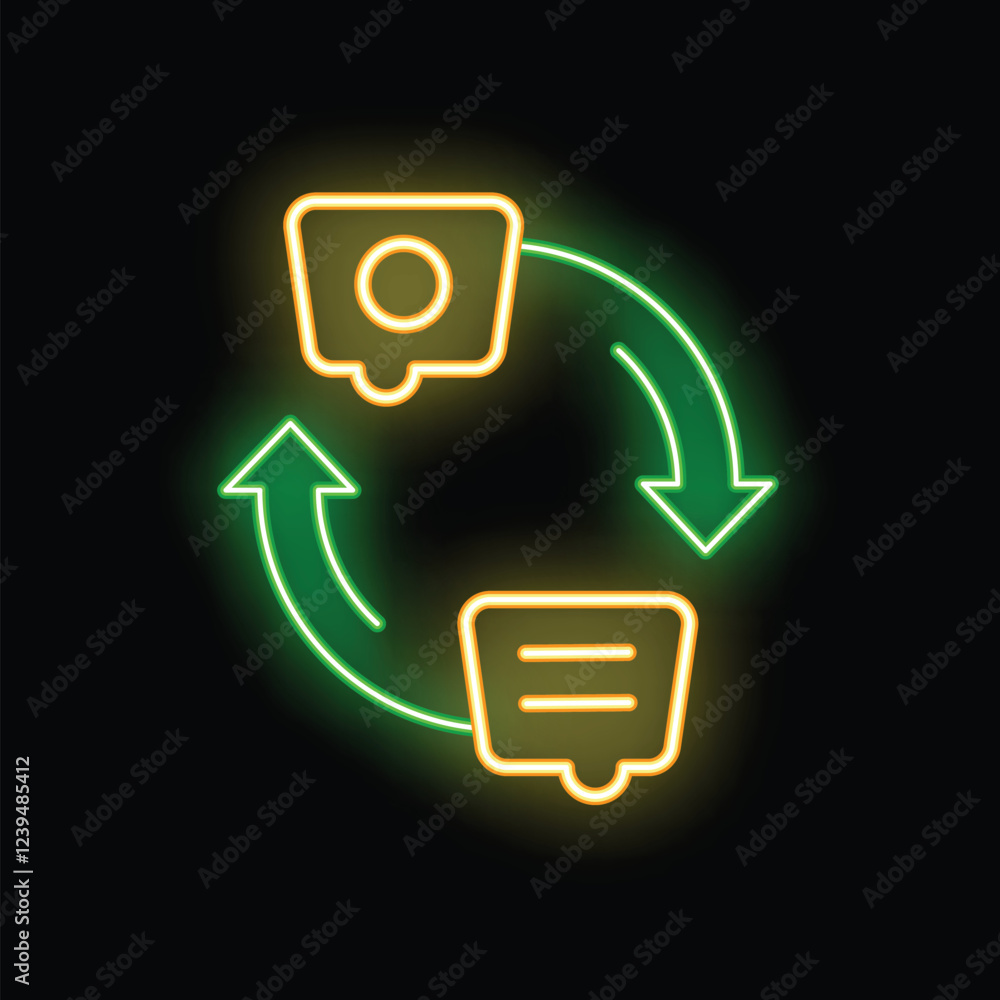 Poster neon sign representing data synchronization with two devices exchanging information using arrows on 