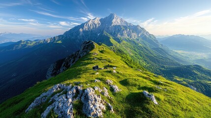 Fototapeta premium Majestic alpine peak sunrise, green ridge, valley view, travel poster