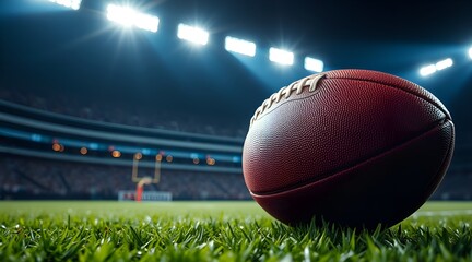 Game Day Essentials. An American football in close-up on a beautiful field with stadium lights in the backdrop, perfectly encapsulating the excitement of Super Bowl Sunday